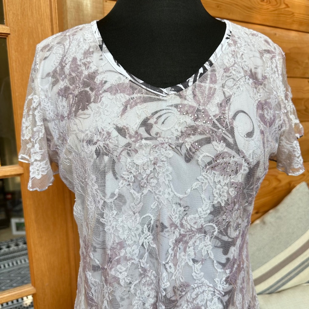 Lace Overlay Short Sleeve Top in Light Lavender - Picture 2 of 15